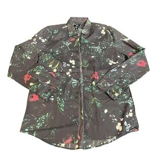 HM Mens Slim Fit Dark Floral Button Down Shirt Black Green Red Lyocell Blend M